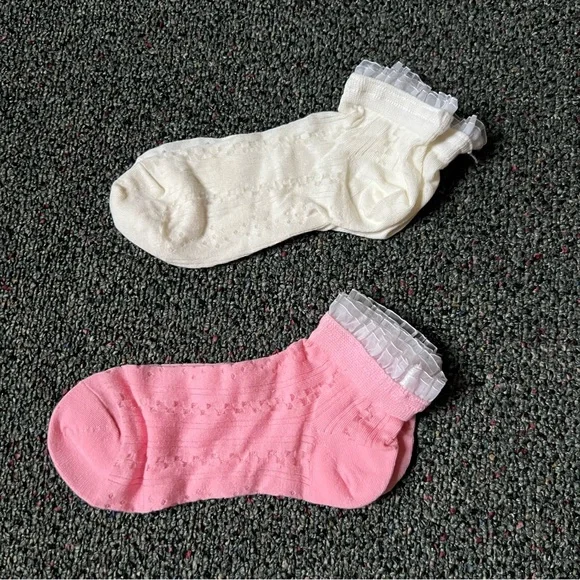 NWT 2 Pack Pastel Pink White Frilly Lace Mesh Whimsy Girly Ankle Fashion Socks - Picture 6 of 13
